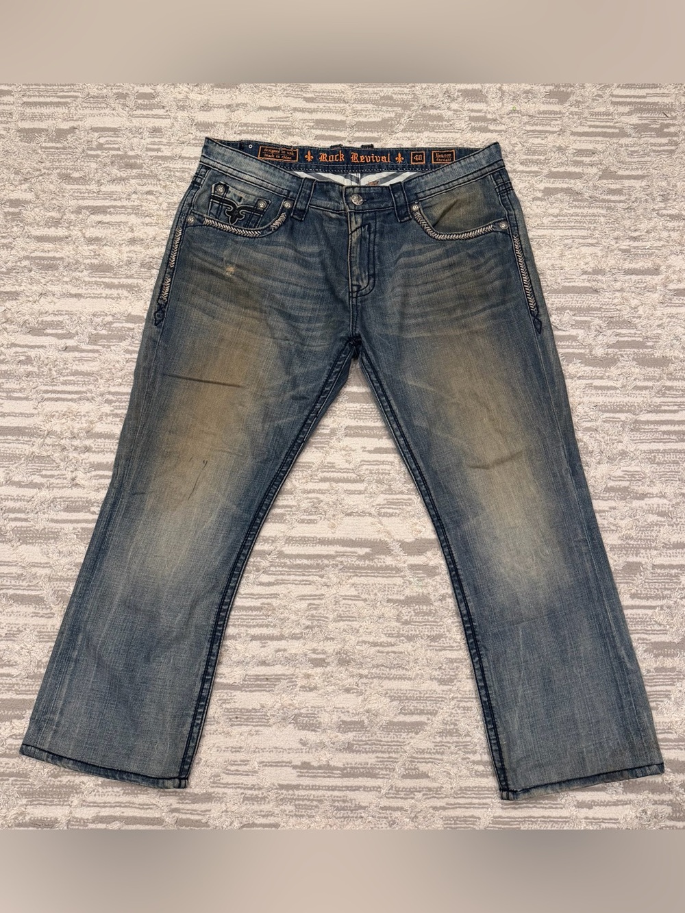 Rock Revival Benson Straight Jeans Men’s 40x30 Thick Stitching Distressed Flap